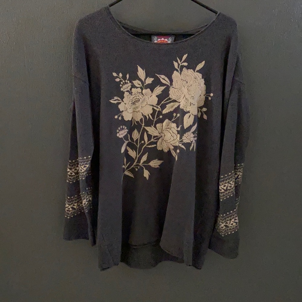 Johnny Was gray embroidered sweater